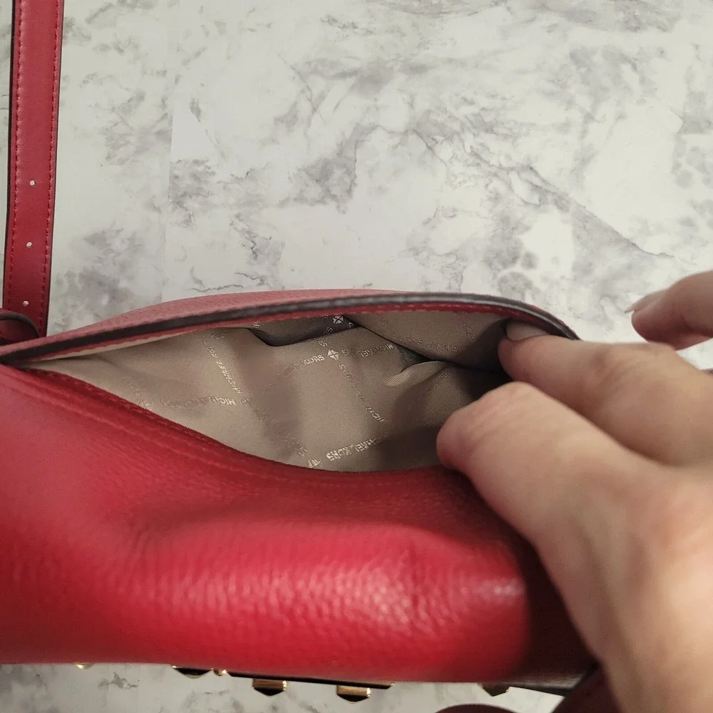 Michael Kors Red‎ Pebbled Leather Studded Flap Crossbody Bag Gold Hardware